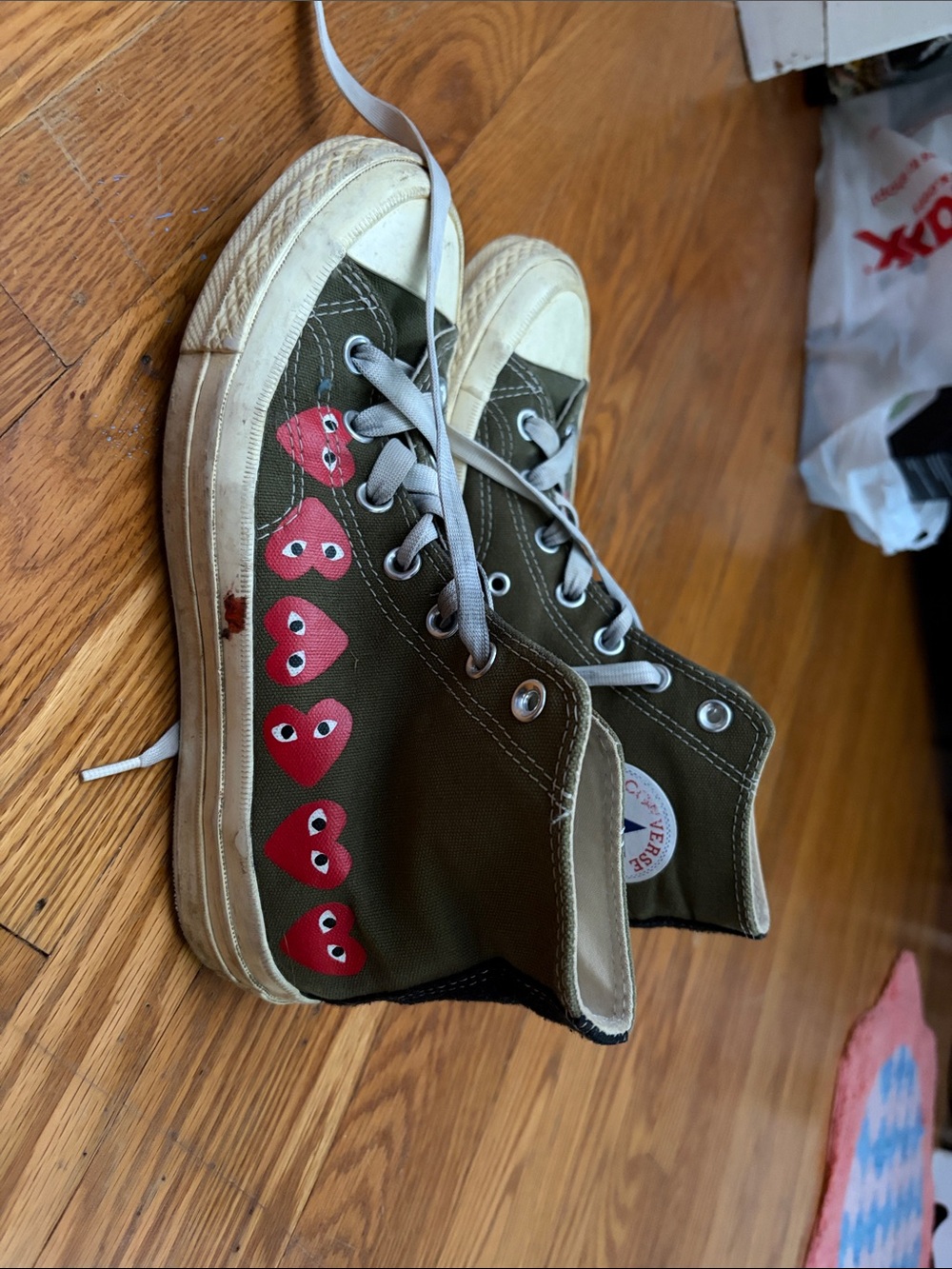 Comme des Garcons PLAY Olive Green High-Top Sneakers with Red Heart Motif